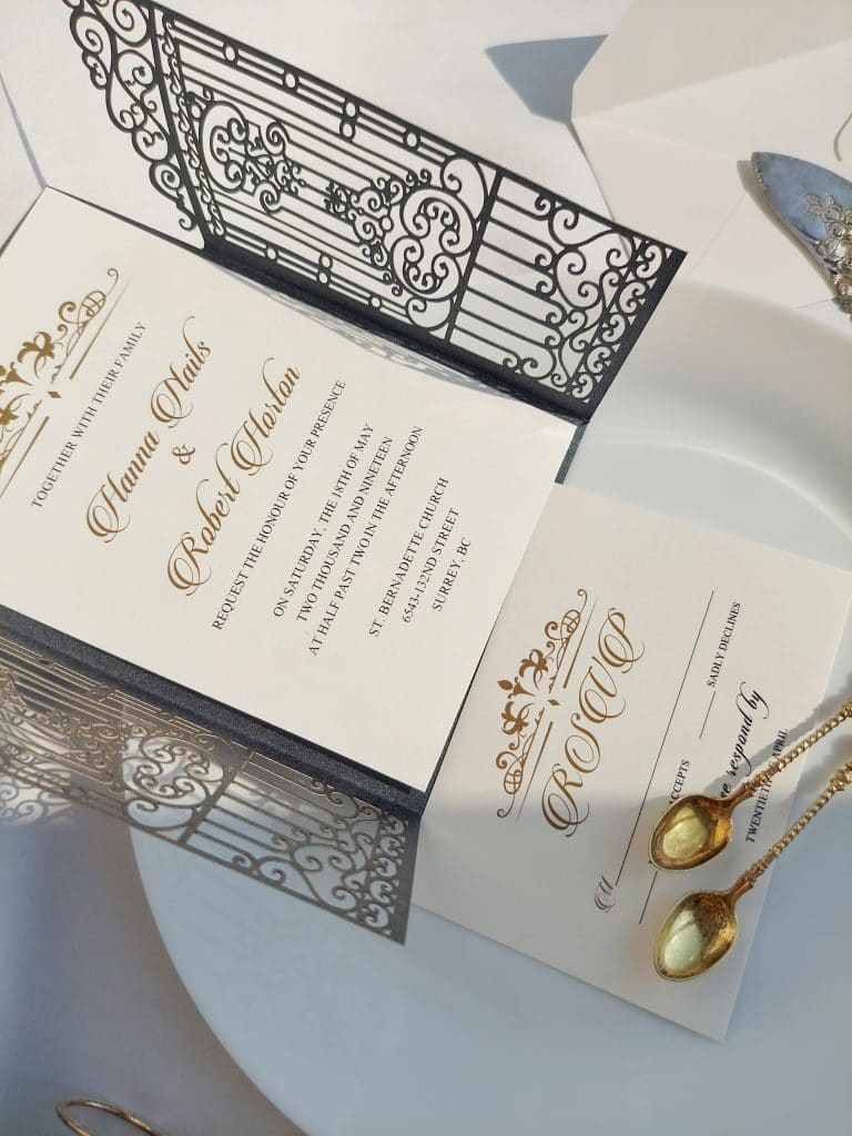 vintage slate black intricate laser cut gate-folded wedding invitation