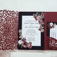 Blooms Around Every Turn Burgundy Laser Cut Pocket Fold invitation with victorian inspired floral EWWS243