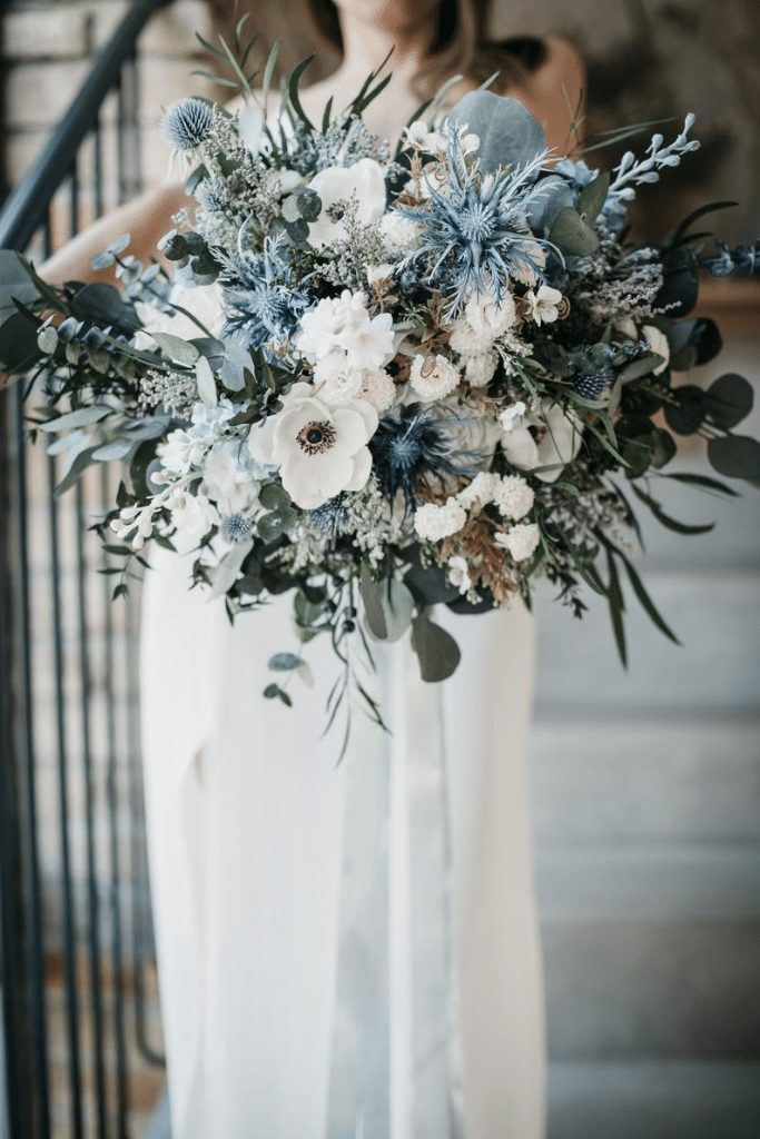 chilly white and blue bouquet ideas with eucalyptus for winter wedding
