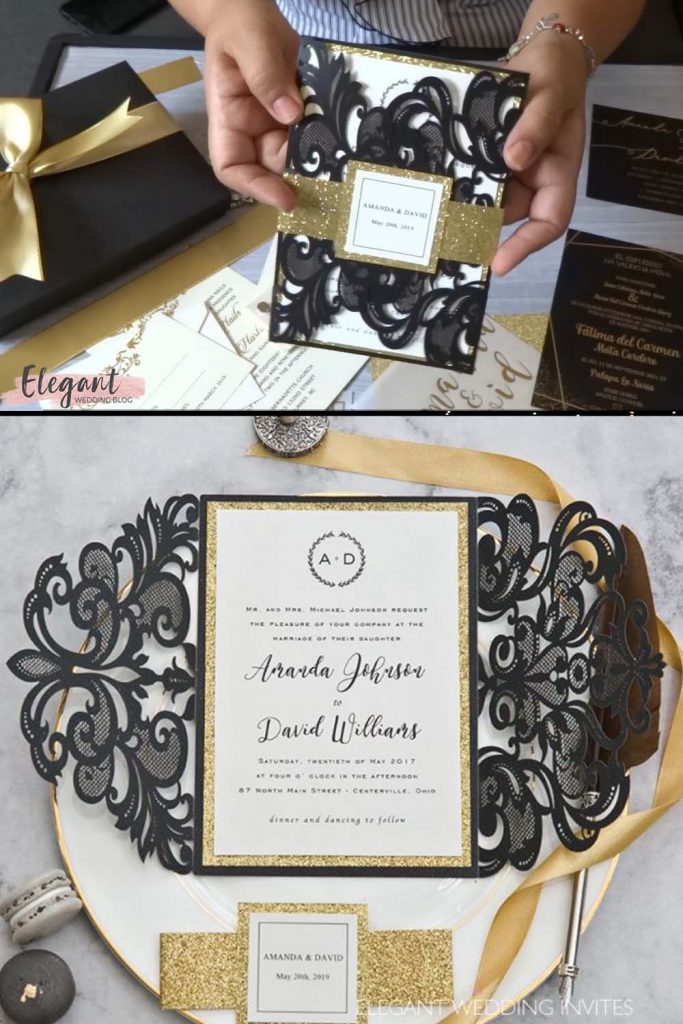 Elegant upscale glam gold and black laser cut wedding invitation with glittery belly band and customized tag 1