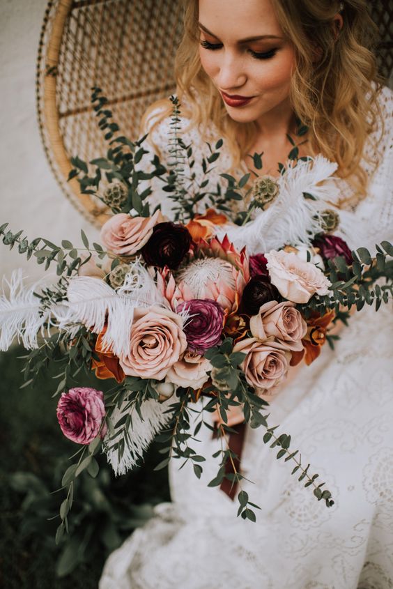 romantic rosy and rust winter wedding bouquets