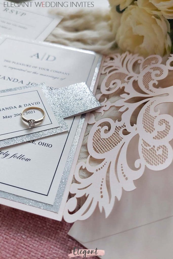 amazing silver glitter and blush laser cut wedding invitations