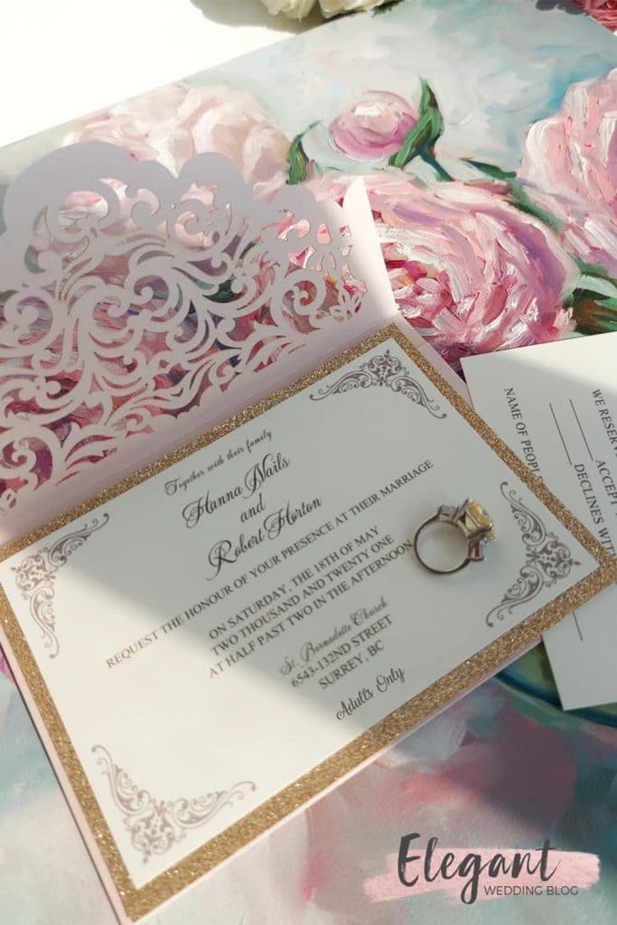 blush shimmer laser cut sleeve with classic invitation and glittery backer EWWS240