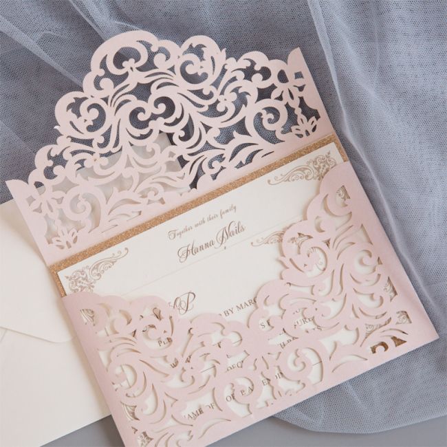 blush shimmer laser cut with classic invitation and glittery backer ewws240