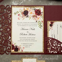 burgundy laser cut pocket fold and burgundy floral wedding invitations with glittery belly band EWWS267
