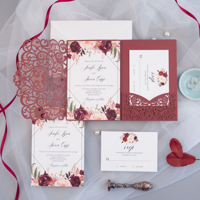 burgundy laser cut pocket fold with floral and geometric invitation ewdm004 1