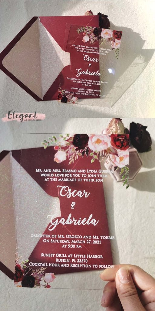 clearly bouquets moody blush and burgundy flowers acrylic wedding invitations