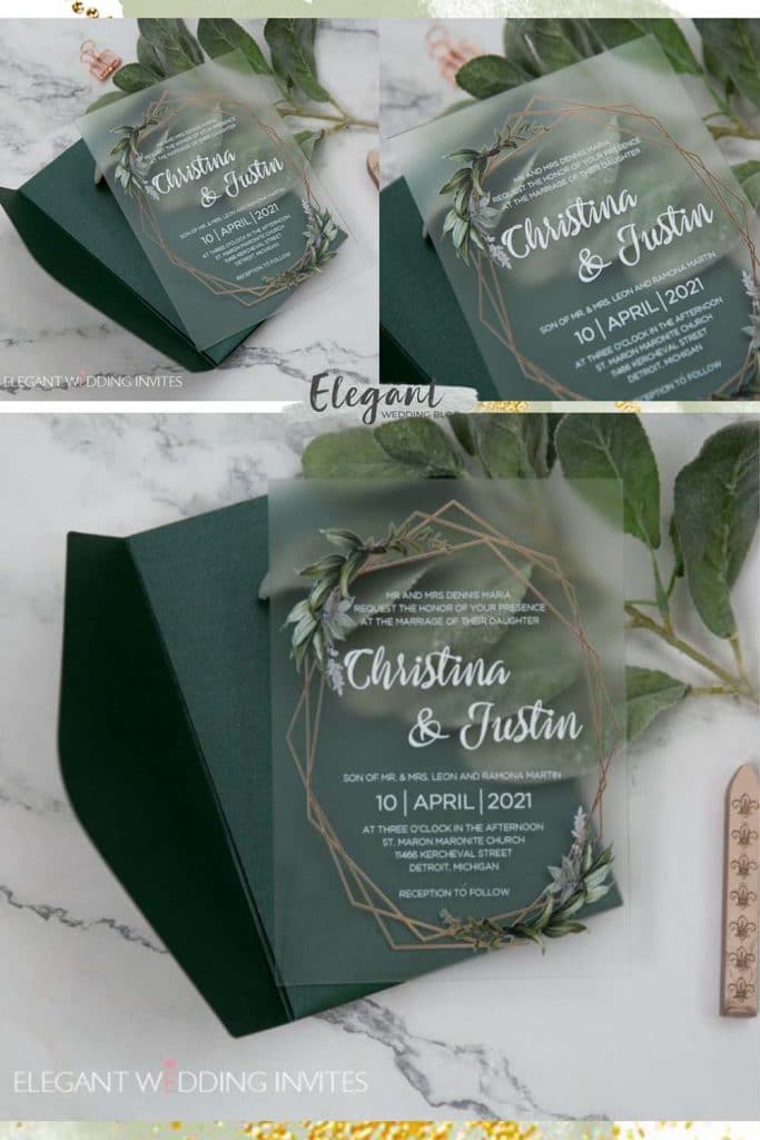 crystal clear acrylic invitation with a sage green design with asymmetrical golden lines
