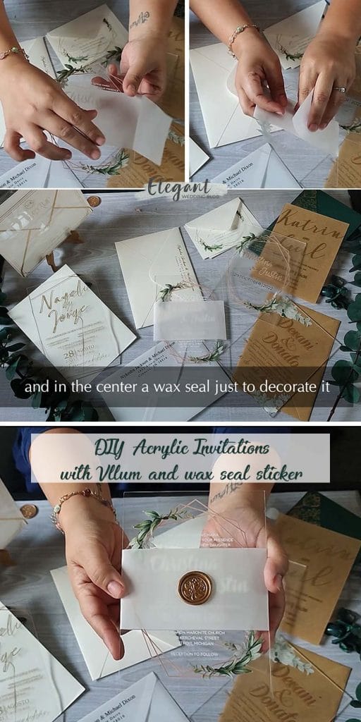 diy green acrylic wedding invitations with vellum and wax seal stickers
