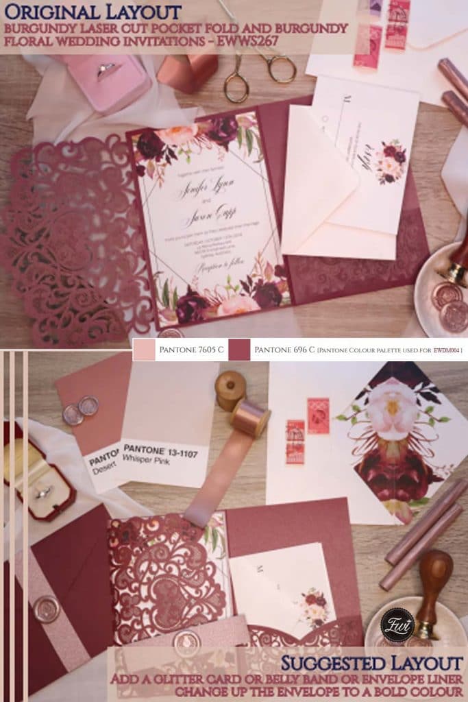 diy pantone blush and burgundy wedding invitations with vellum belly band and wax seal sticker
