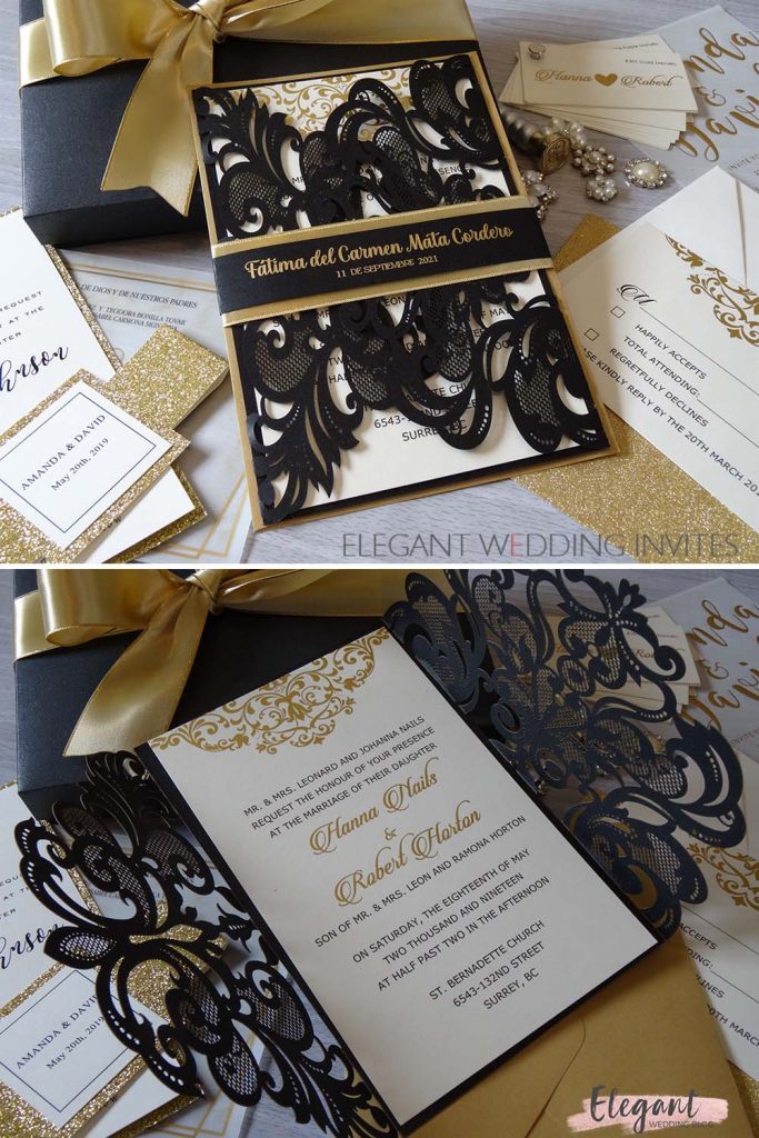 diy sophisticated black wedding invitations with gold ribbon ideas
