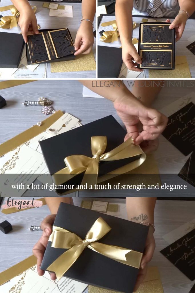 diy wedding invitations with black box and gold ribbon ideas