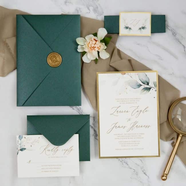 elegant greenery botanical wedding invite with gold mirror paper backer ewi464 1