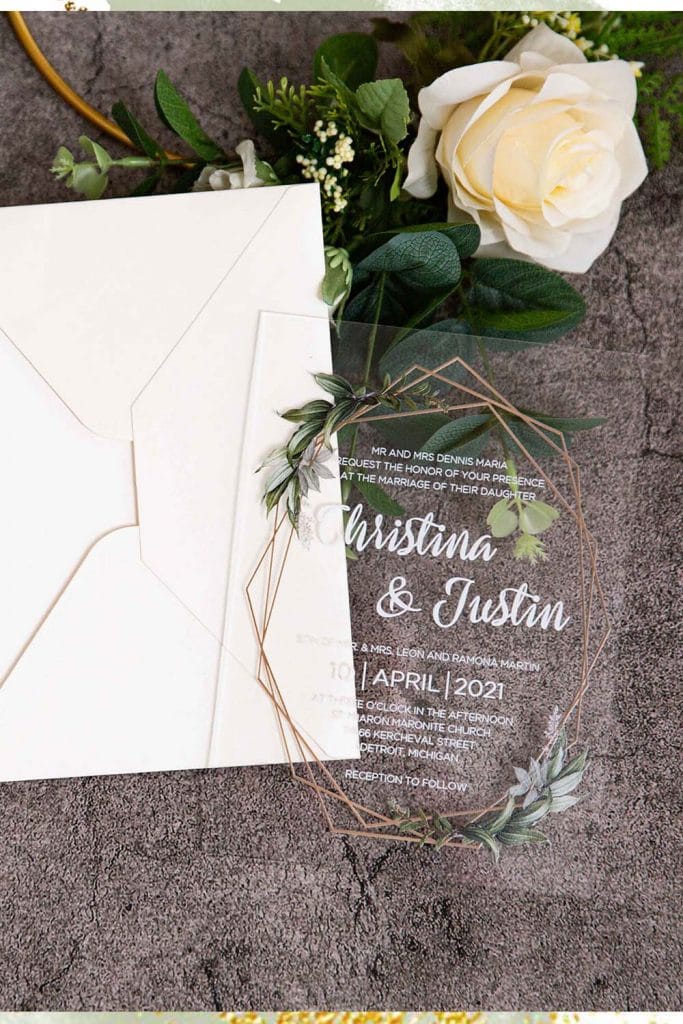 glamorous touch acrylic wedding invites with light color outer envelope