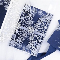 glittery silver and blue winter snowflake wedding invitations with pearl white buckles EWWS216 1