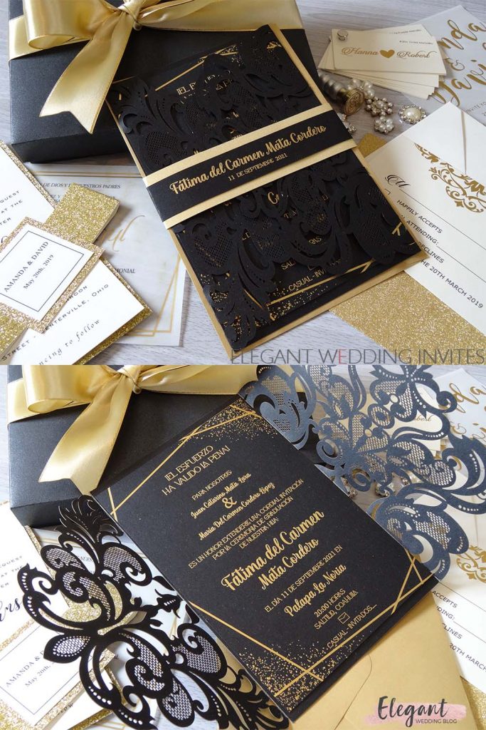 impressive gold foil on black laser cut wedding invitations