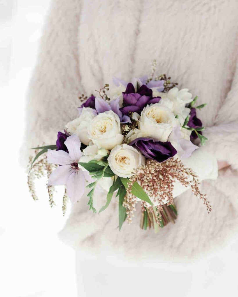 simple bouquets with white and lavender hues for winter wedding