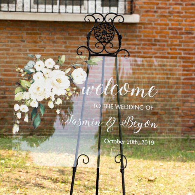 personalized elegant welcome sign ivory and white flowers greenery ewsg006