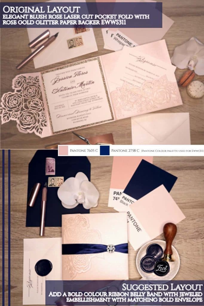 popular custom blush wedding invitations in navy ribbon ideas