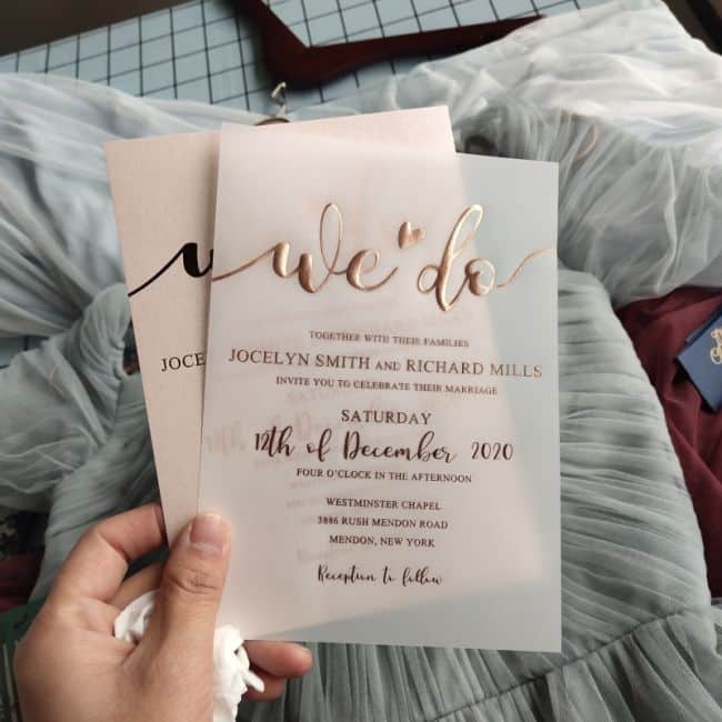 rose gold foil we do calligraphy wedding invitation on vellum paper ewfi030 1