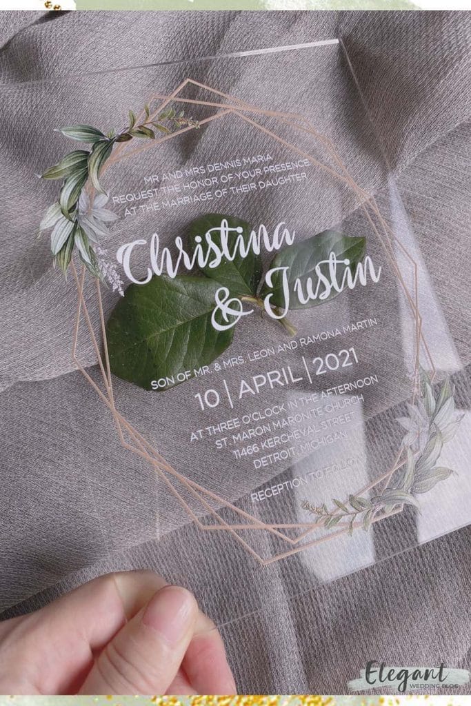 sage green crystal clear acrylic wedding invitation trend with golden lines