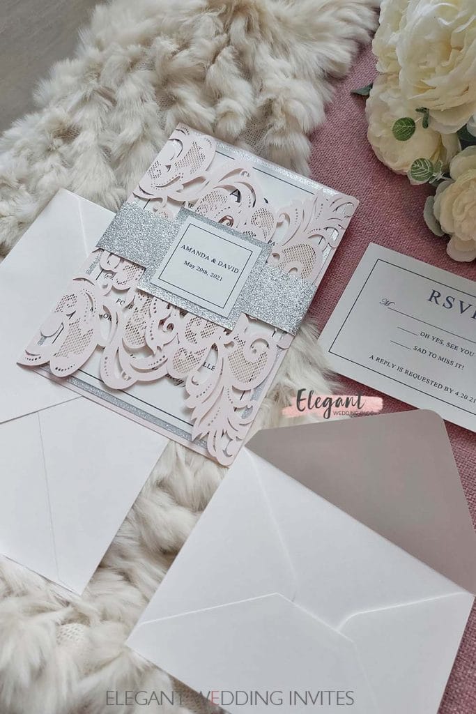 soft pink with silver glitter set of wedding invitations