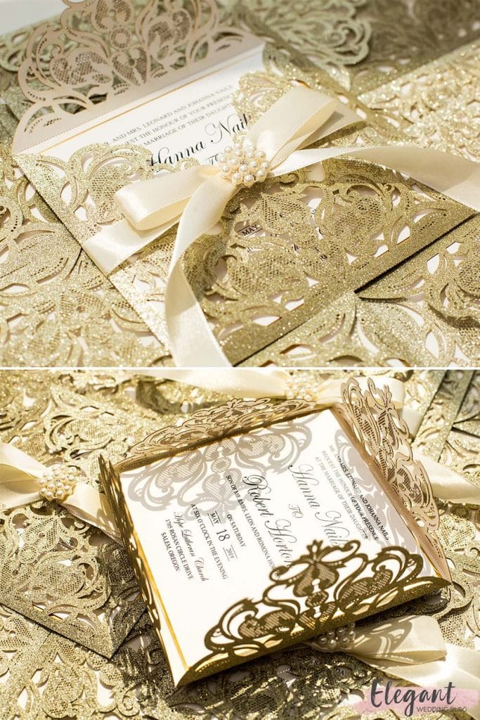 stunning champagne glittery laser cut wedding invitation with gold mirror paper and ivory ribbon EWWS299 2