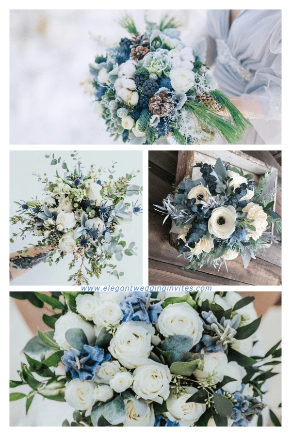 stunning winter wedding bouquets in white and blue hues 