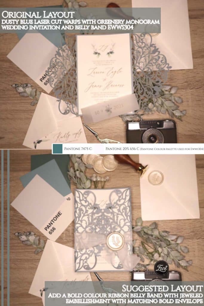unique dusty blue wedding invitations with wax seal and ribbons