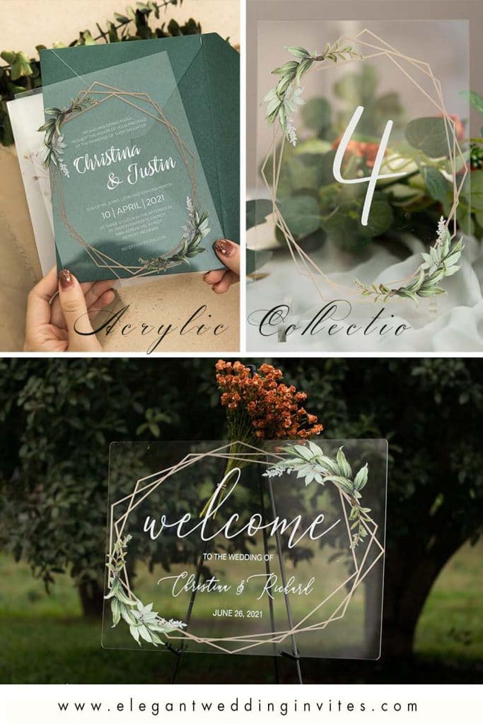 unique geometric greenery package acrylic wedding sign and acrylic wedding invitations