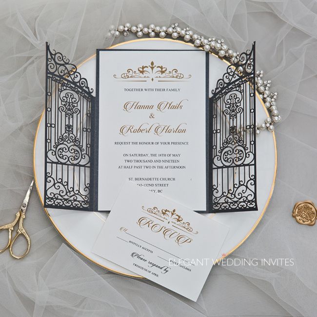 vintage slate grey intricate laser cut gate folded wedding invitation ewws207 9