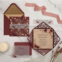 fall rustic burgundy laser cut wrap with floral wedding invitations EWWS285