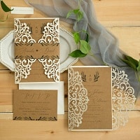 rustic ivory laser cut wedding invites green florals on kraft paper EWWS301