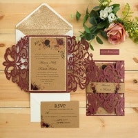 burgundy laser cut wedding invites with floral and glittery backing card EWWS302