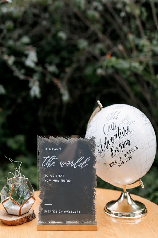 simple globe wedding guest book ideas with painted acrylic cards