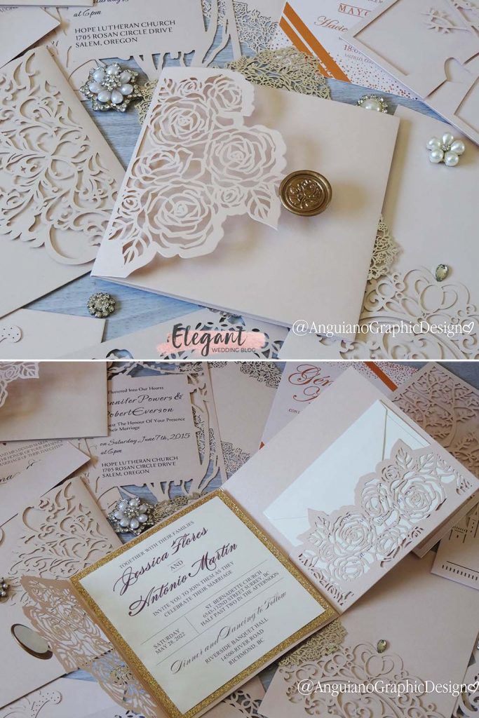 elegant blush rose laser cut pocket fold wedding invitation suit ideas