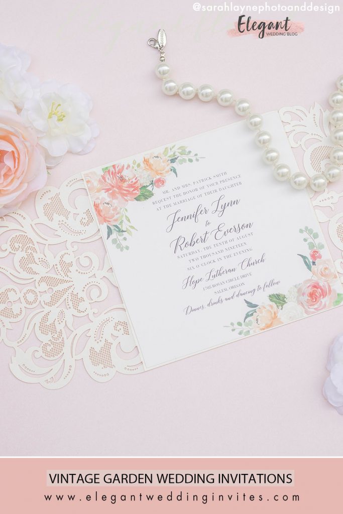 vintage garden peach and pink floral wedding invitations
