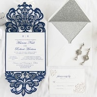 formal navy blue laser cut wedding invites with ribbon and buckle ewws232 4