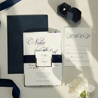 navy wedding invites with modern silver mirrored backer ewi468
