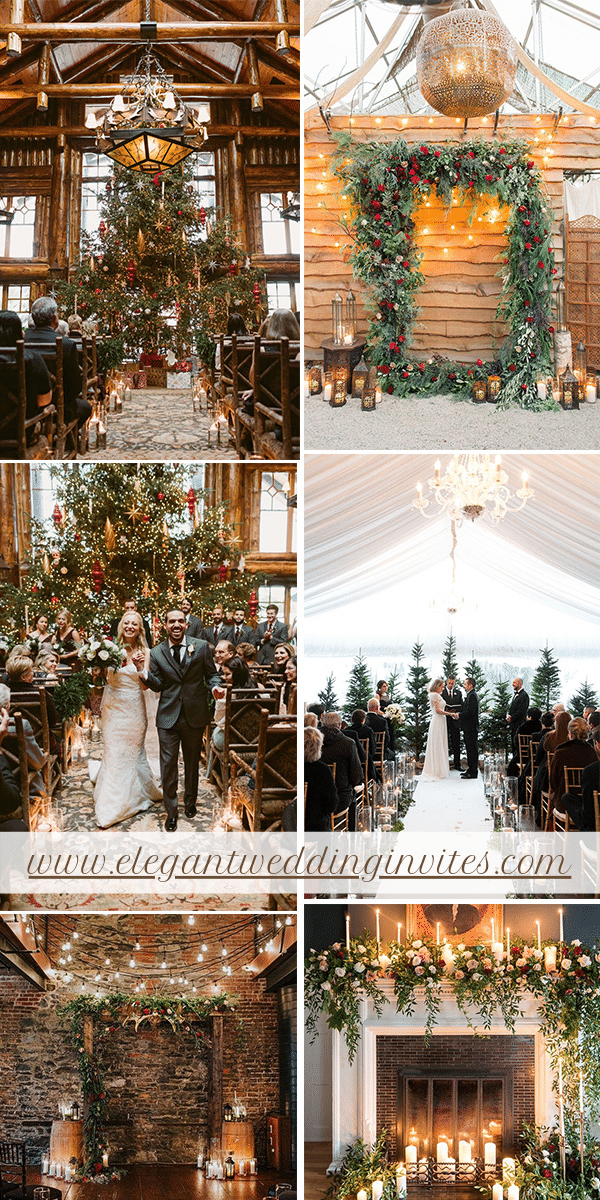 classic christmas wedding backdrop ideas with pine leaves