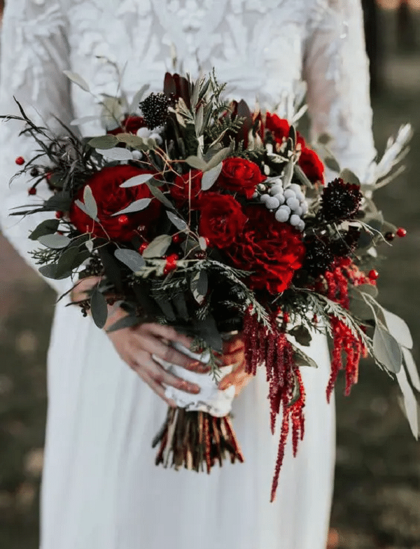 bright Christmas wedding bouquet of burgundy and green blooms