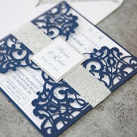 navy blue laser cut wedding invitations with glitter belly band and tag ewws198