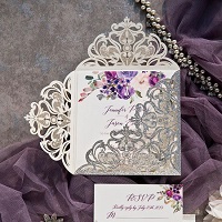 glittery silver laser cut fold with purple and blush florals on invitation ewdk013 2