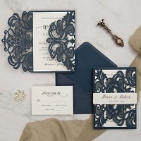 navy laser cut wedding invitation with silver mirror belly band and backer ewws287