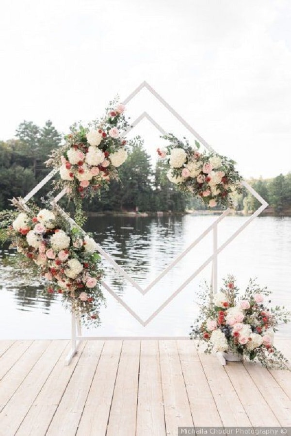 pink and white floral wedding ceremony backdrop ideas
