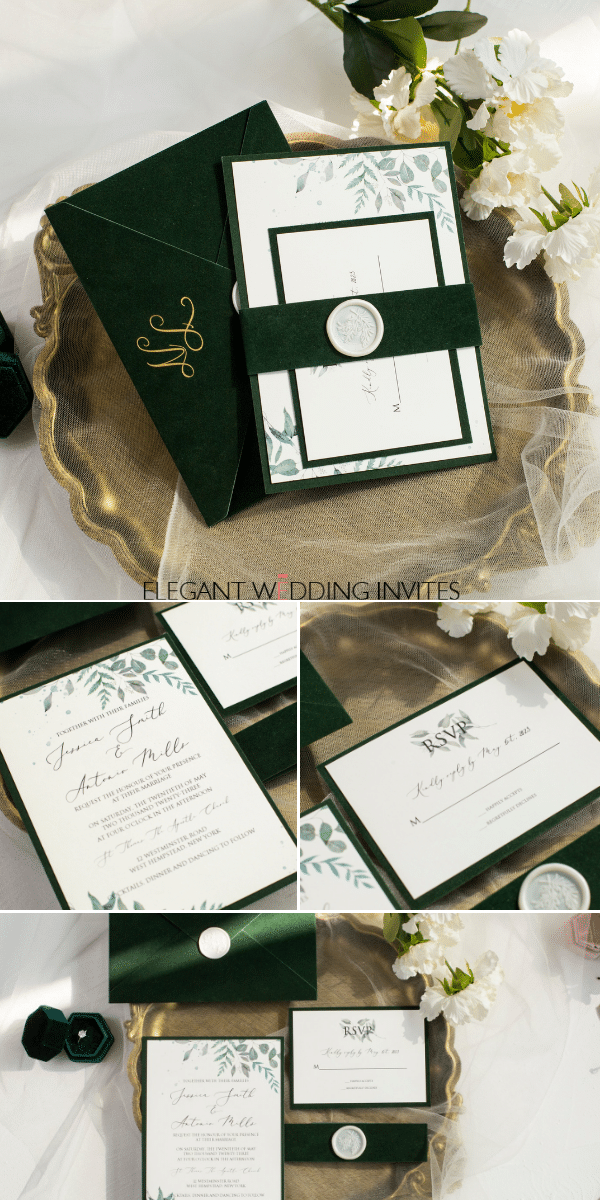 simple flat wedding invitations with emerald green velvet invitation backers