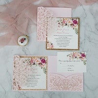 romantic blush pink spring flower glittery laser cut wedding invitation ewws201
