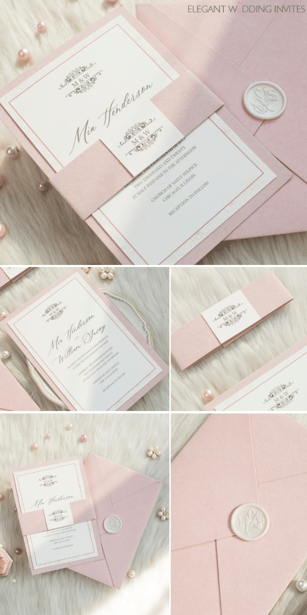 Simple Flat Wedding Invitations with Blush Pink Velvet Backers