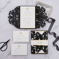 modern black and gold laser cut wedding invitation with gold mirror customized belly band EWDK015