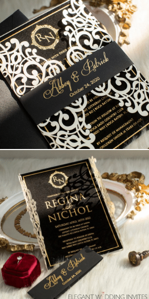 Mordern Black Gold Foil Velvet Wedding Invitations with Ivory Laser Cut Pockets